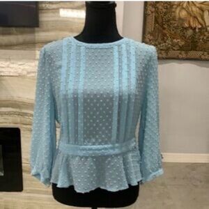 Forever 21 Light Blue Swiss Dot Peplum Blouse - Women Tops, Large